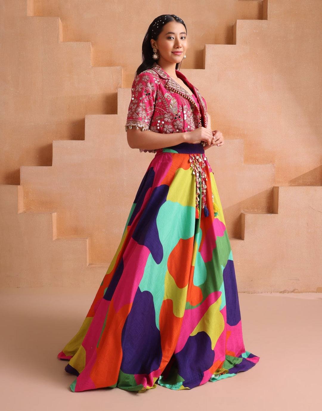 Multicolor Printed Lehenga Choli with Mirror Work Jacket | Chinon Silk 10 photo 2026 09 07 15 14 07