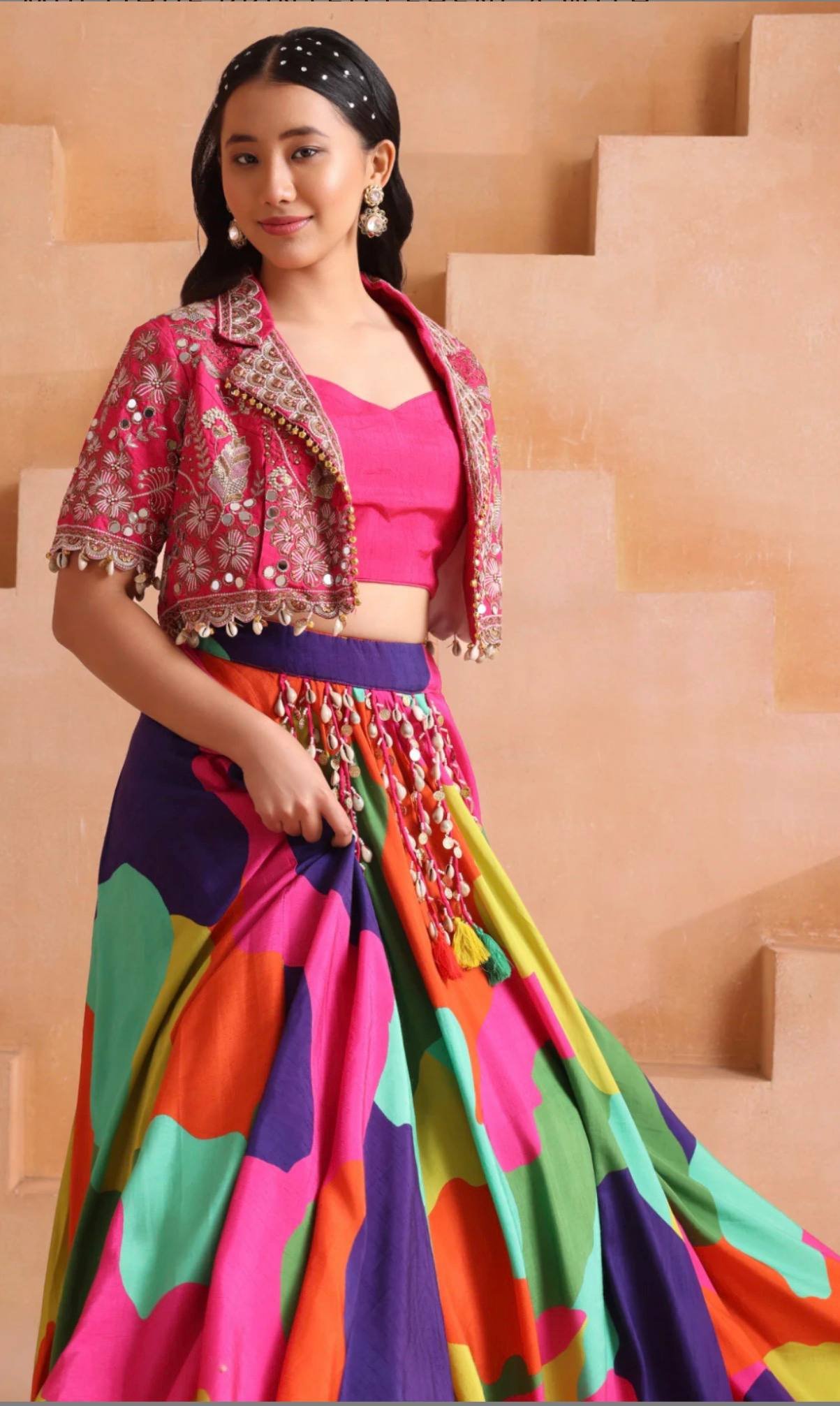 Multicolor Printed Lehenga Choli with Mirror Work Jacket | Chinon Silk 6 photo 2026 09 07 15 14 11