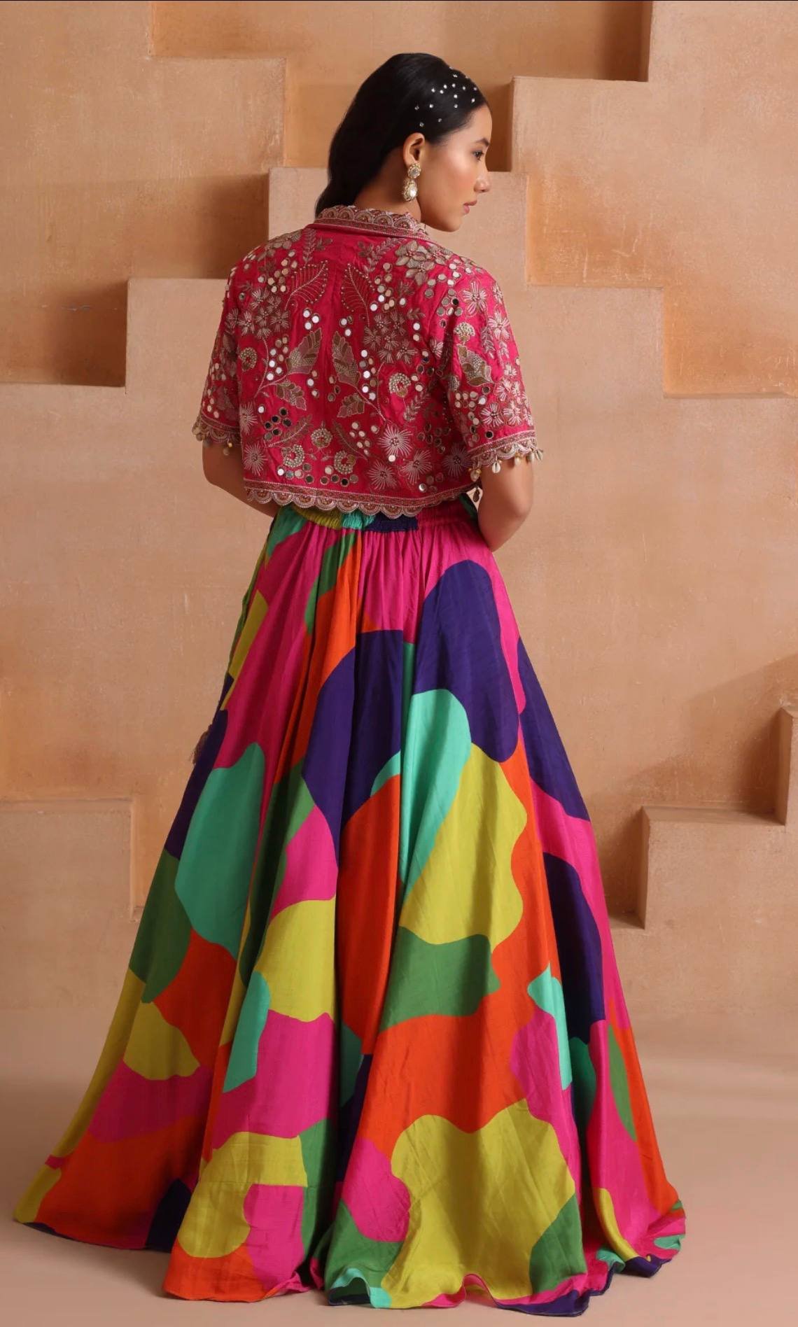 Multicolor Printed Lehenga Choli with Mirror Work Jacket | Chinon Silk 8 photo 2026 09 07 15 14 14