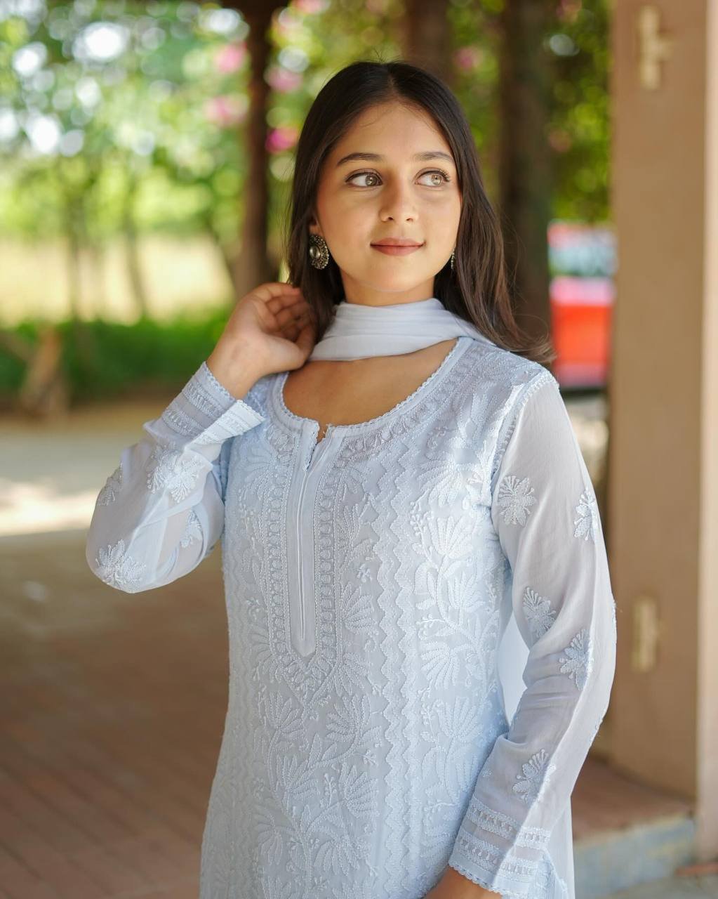 White Chikankari Embroidered Georgette Kurta Palazzo Set with Dupatta 2 photo 2026 09 08 10 52 07
