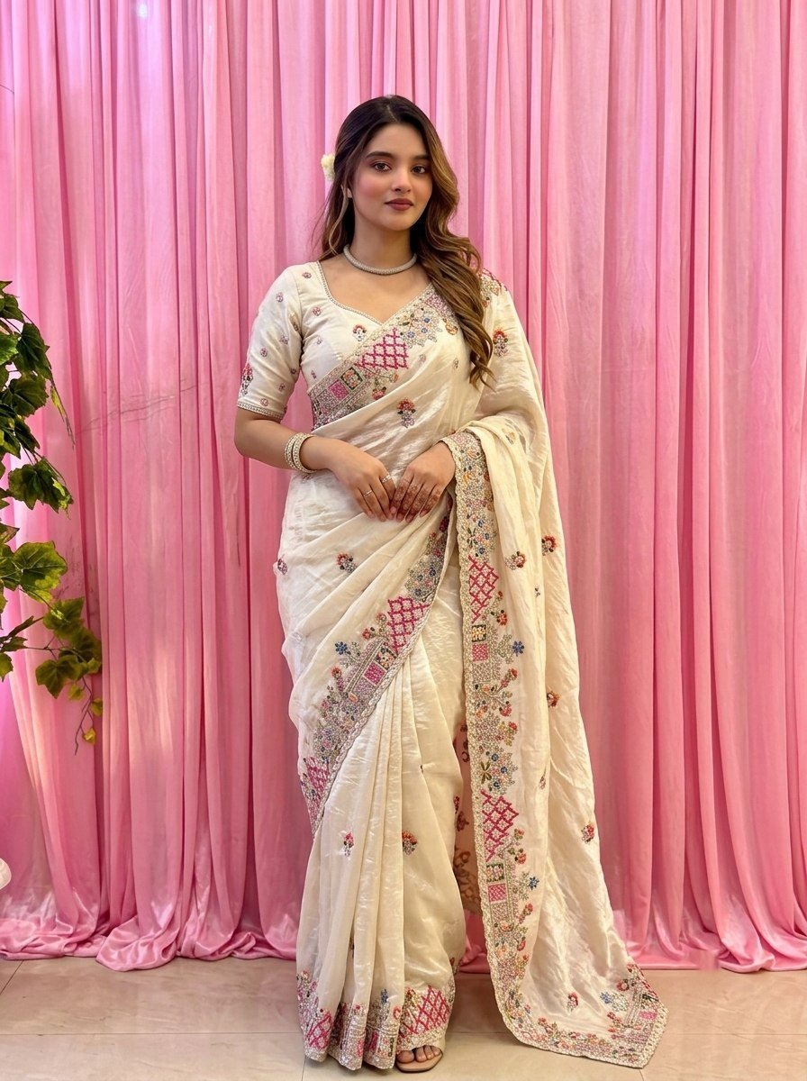 Designer Pure Soft Tissue Silk Saree with Heavy Embroidery & Cutwork Border 2 photo 2026 09 08 13 41 14