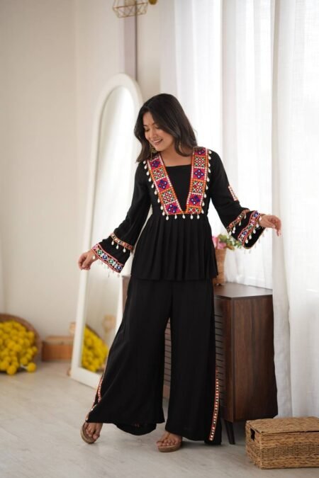 Black Reyon Silk Kurta Palazzo Set with Real Mirror Work & Multicolor Embroidery
