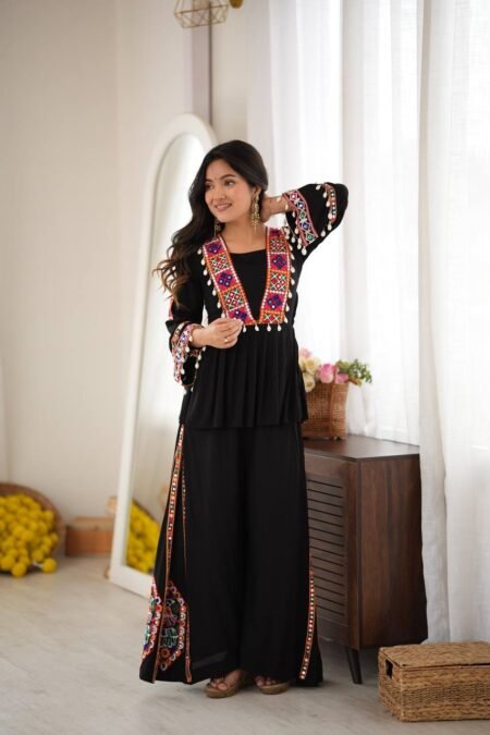 Black Reyon Silk Kurta Palazzo Set with Real Mirror Work & Multicolor Embroidery