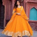 Embroidered Faux Georgette Anarkali Gown with Sequins, Matching Pant & Dupatta