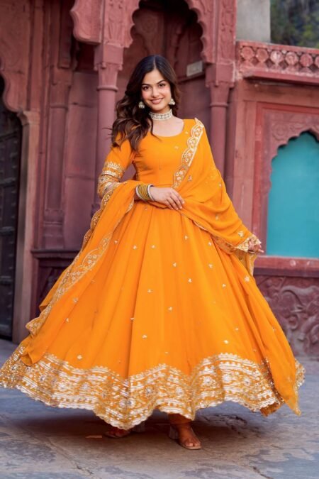 Embroidered Faux Georgette Anarkali Gown with Sequins, Matching Pant & Dupatta