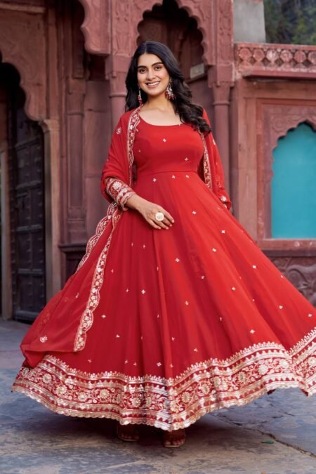 Embroidered Faux Georgette Anarkali Gown with Sequins, Matching Pant & Dupatta