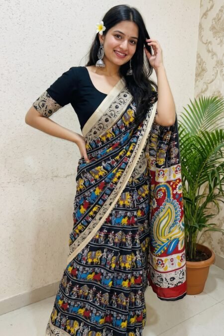 Designer Freehand Mull Mull Cotton Banarasi Pattu Saree with Printed Pallu & Blouse