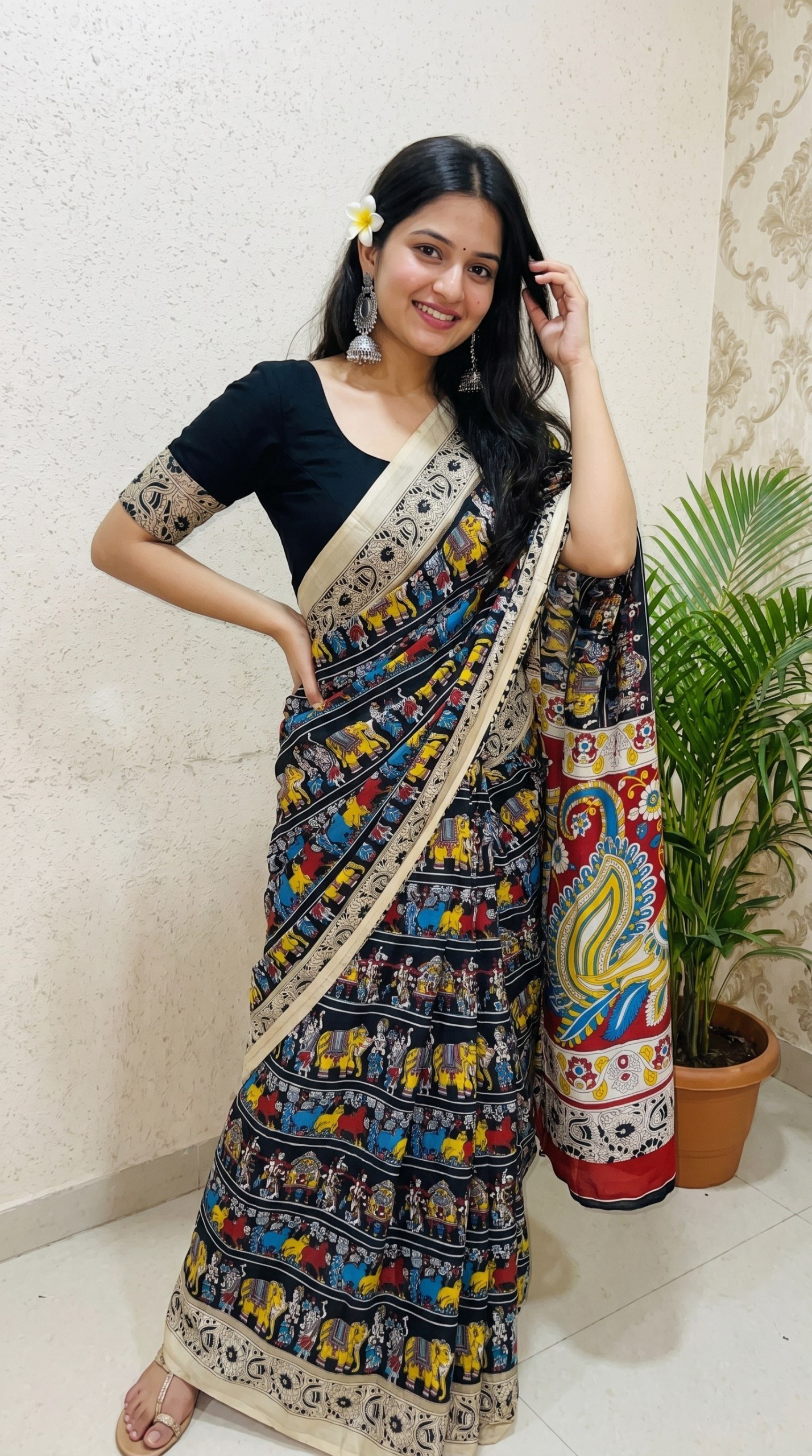 Designer Freehand Mull Mull Cotton Banarasi Pattu Saree with Printed Pallu & Blouse 2 Designer Freehand Mull Mull Cotton Banarasi Pattu Saree with Printed Pallu & Blouse