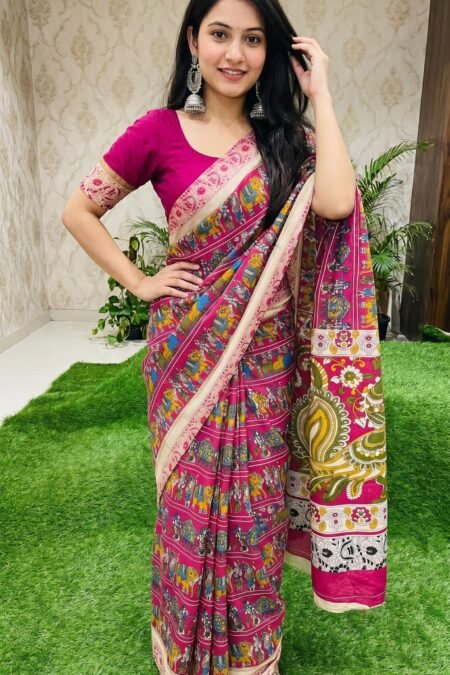 Designer Freehand Mull Mull Cotton Banarasi Pattu Saree with Printed Pallu & Blouse