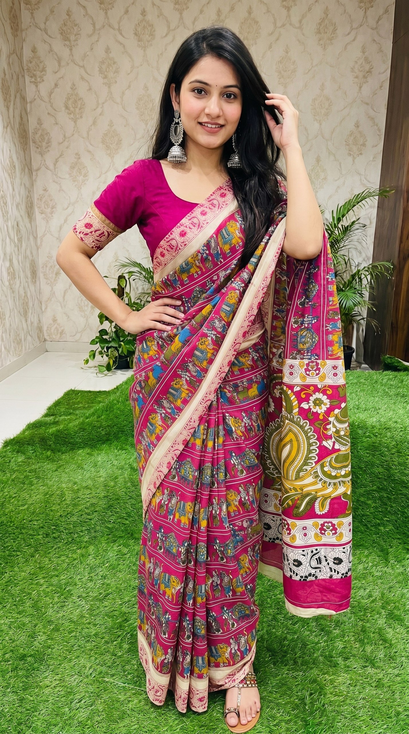 Designer Freehand Mull Mull Cotton Banarasi Pattu Saree with Printed Pallu & Blouse 1 Designer Freehand Mull Mull Cotton Banarasi Pattu Saree with Printed Pallu & Blouse