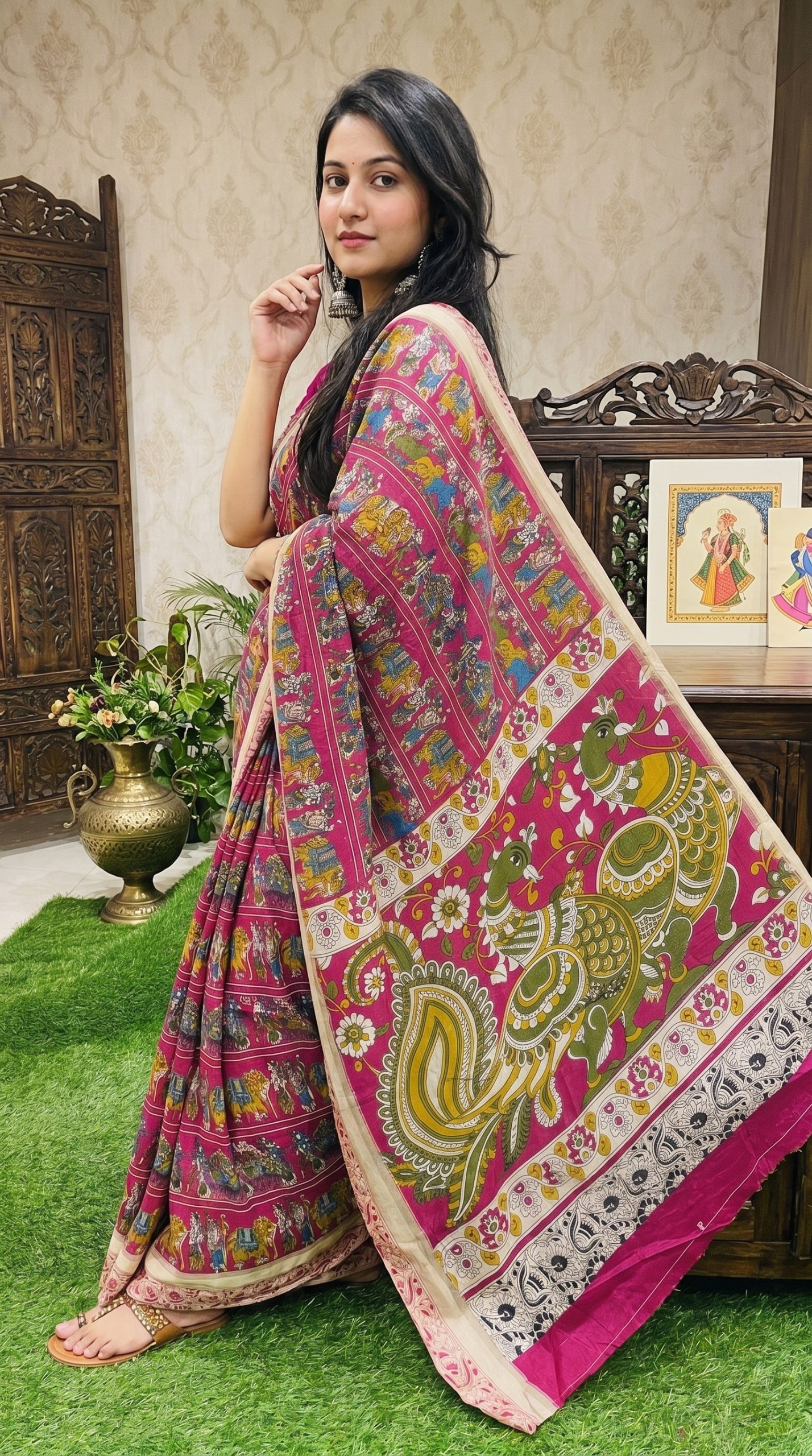 Designer Freehand Mull Mull Cotton Banarasi Pattu Saree with Printed Pallu & Blouse 11 Designer Freehand Mull Mull Cotton Banarasi Pattu Saree with Printed Pallu & Blouse