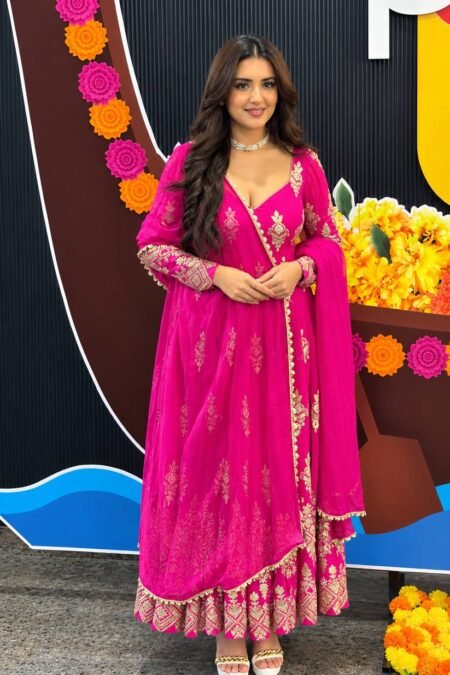 Rani Pink Heavy Georgette Embroidered Gown with Pant & Dupatta | Ready to Wear