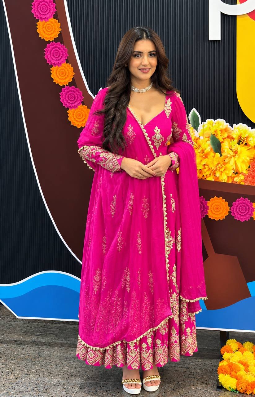 Rani Pink Heavy Georgette Embroidered Gown with Pant & Dupatta | Ready to Wear 1 Rani Pink Heavy Georgette Embroidered Gown with Pant & Dupatta | Ready to Wear