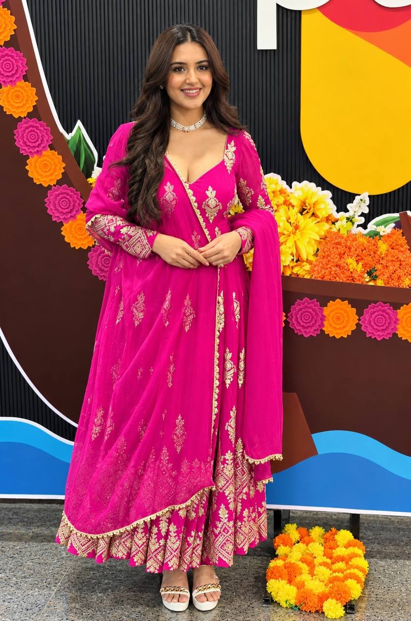 Rani Pink Heavy Georgette Embroidered Gown with Pant & Dupatta | Ready to Wear 3 Rani Pink Heavy Georgette Embroidered Gown with Pant & Dupatta | Ready to Wear