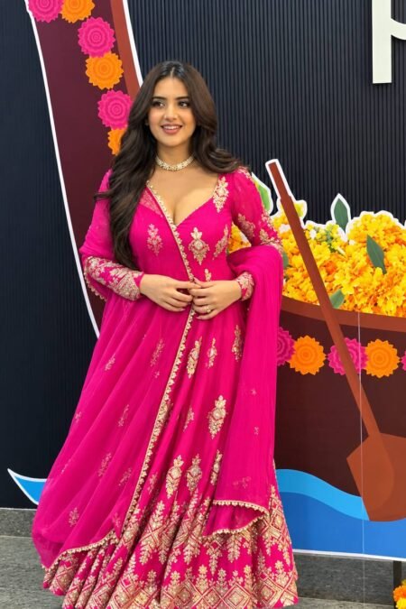 Rani Pink Heavy Georgette Embroidered Gown with Pant & Dupatta | Ready to Wear