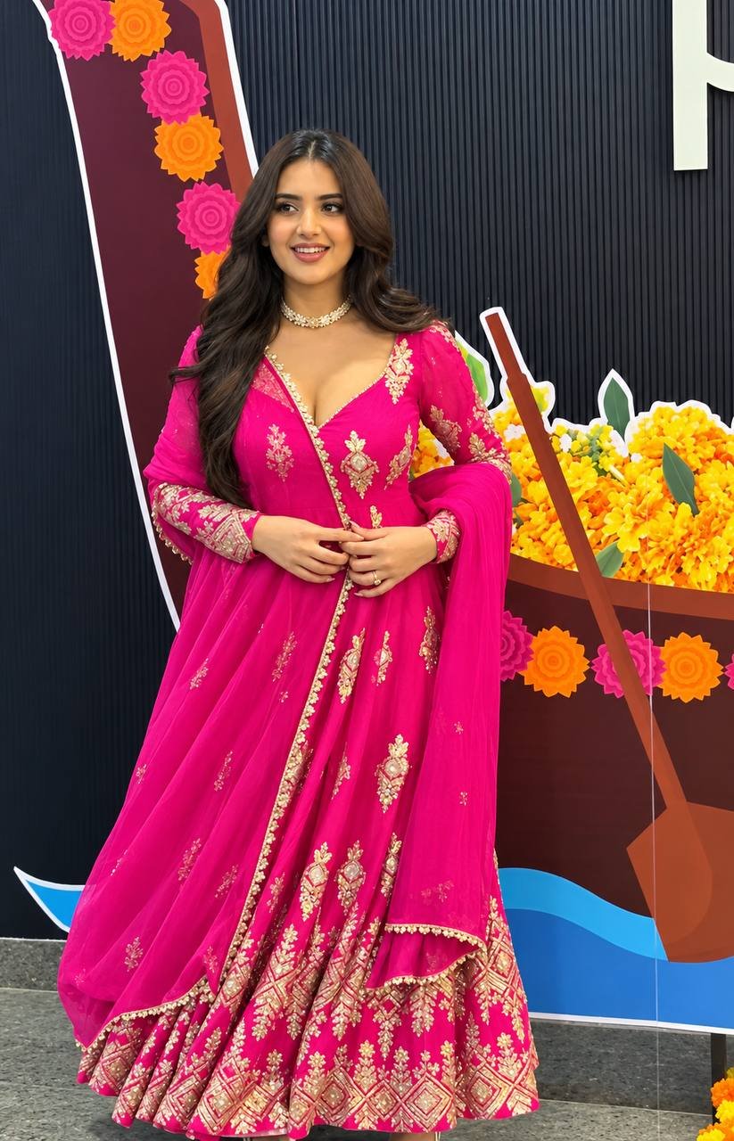 Rani Pink Heavy Georgette Embroidered Gown with Pant & Dupatta | Ready to Wear 2 Rani Pink Heavy Georgette Embroidered Gown with Pant & Dupatta | Ready to Wear
