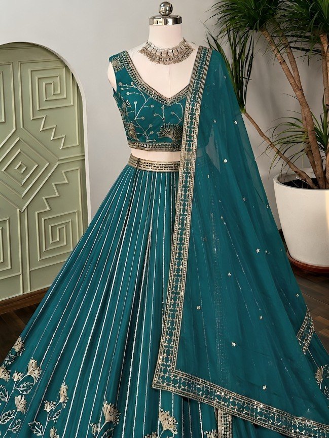 Premium Teal Star Georgette Lehenga Choli with Zari Sequence Embroidery - Image 2