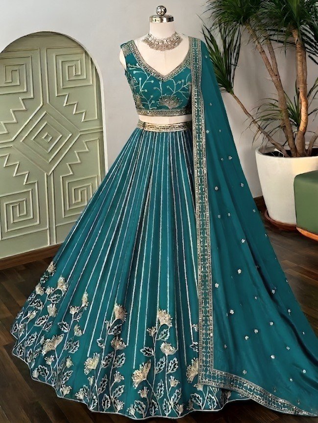 Premium Teal Star Georgette Lehenga Choli with Zari Sequence Embroidery - Image 8