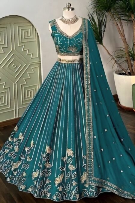 Premium Teal Star Georgette Lehenga Choli with Zari Sequence Embroidery
