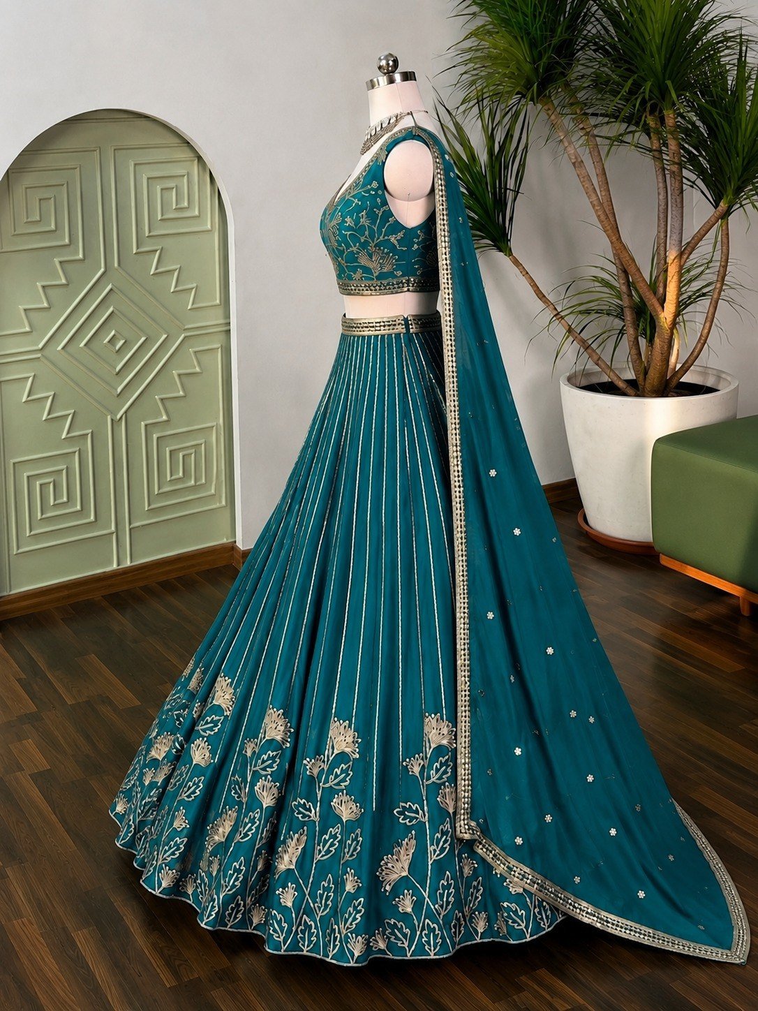 Premium Teal Star Georgette Lehenga Choli with Zari Sequence Embroidery - Image 3