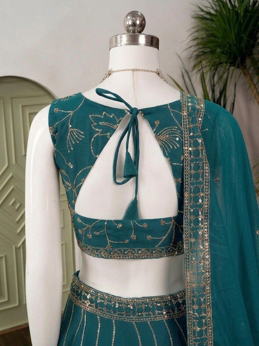 Premium Teal Star Georgette Lehenga Choli with Zari Sequence Embroidery - Image 6