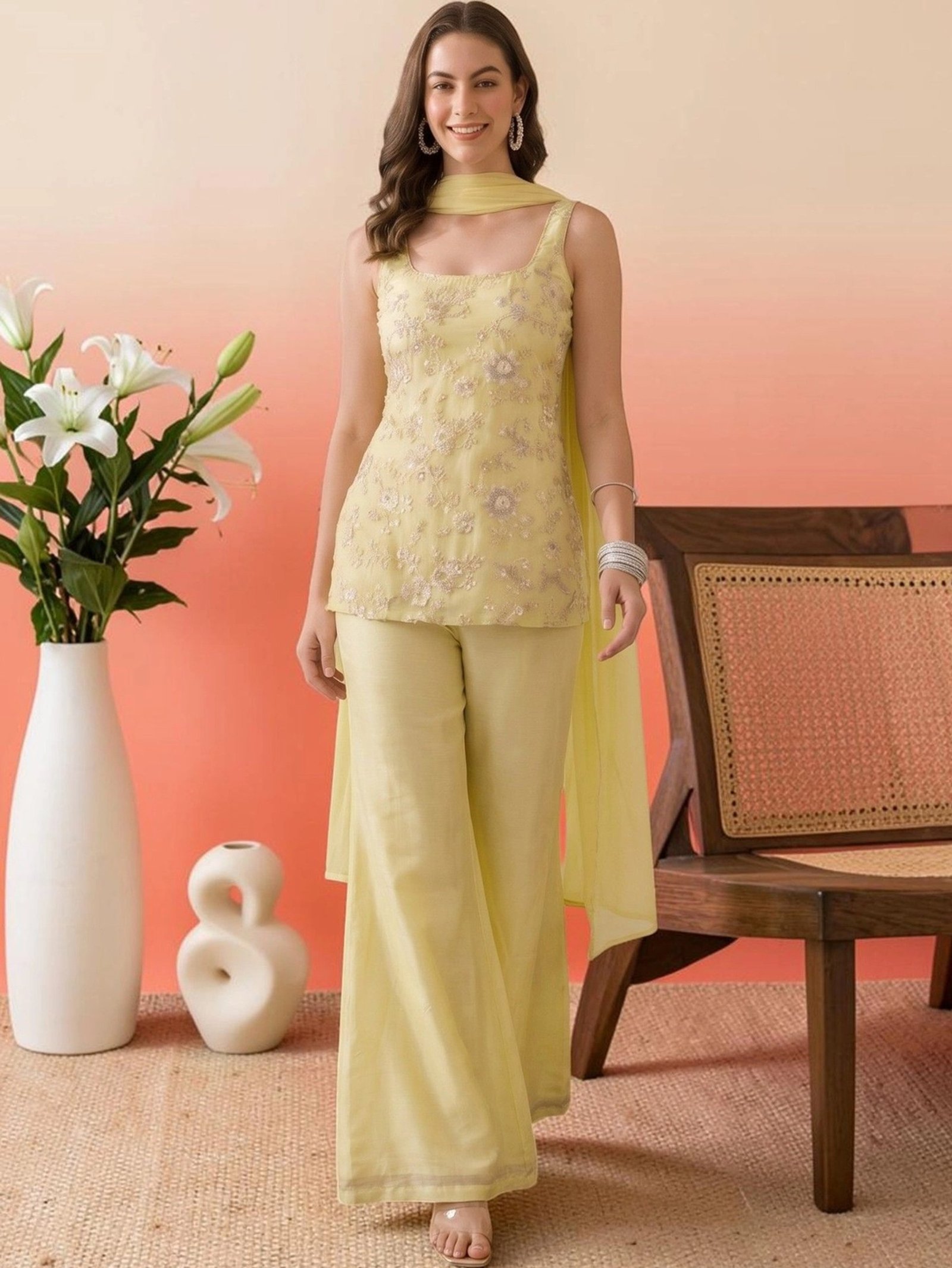 Yellow Floral Embroidered Faux Georgette Kurta Palazzo Suit Set with Dupatta 7 q2030pid5ye078aycpbn