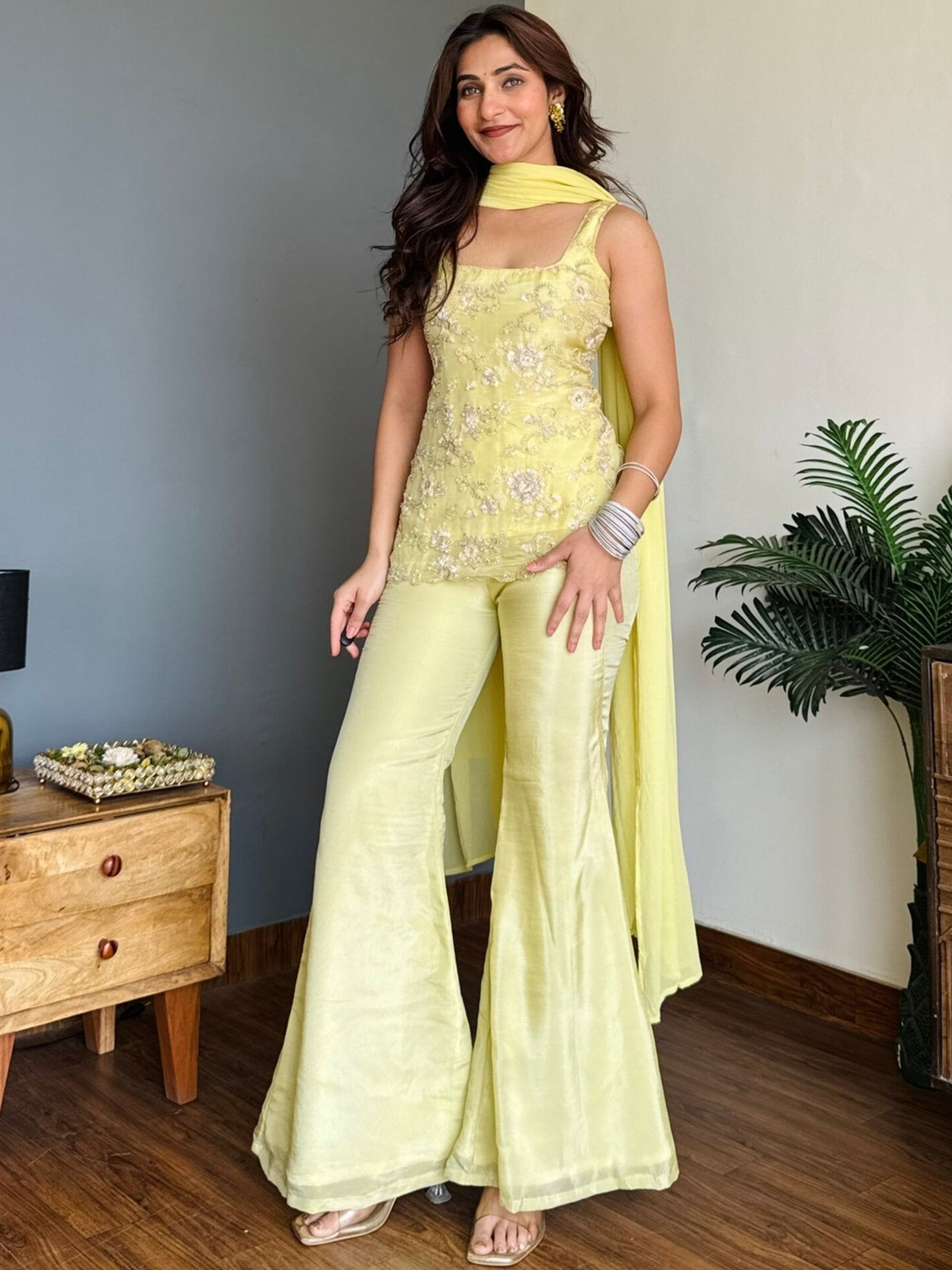 Yellow Floral Embroidered Faux Georgette Kurta Palazzo Suit Set with Dupatta 3 zc83igj1lclke9gsmar2