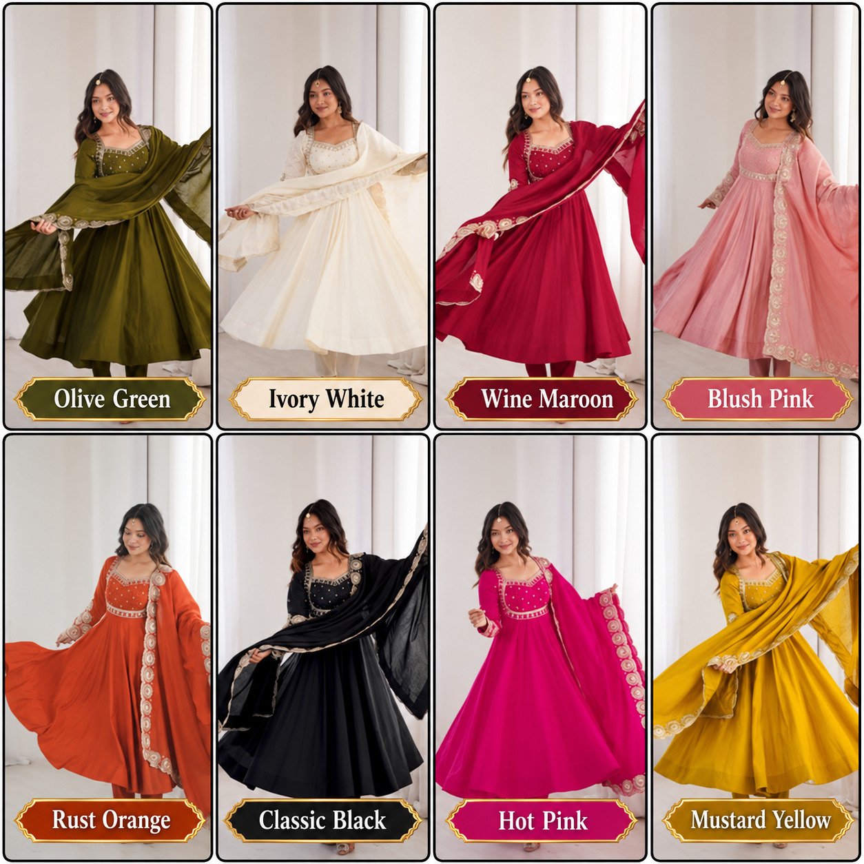 Elegant Embroidered Sequin Roman Silk Anarkali Gown Set with Chanderi Dupatta 20 Eight Color Anarkali Fashion Catalog