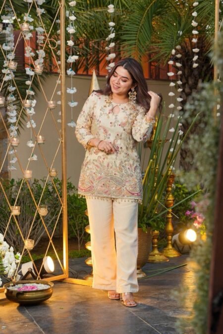 Embroidered Heavy French Crepe Co-ord Set for Women with 3/4 Sleeve Kurta & Bottom
