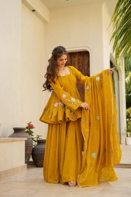 Mustard Yellow Soft Chinon Anarkali Palazzo Set with Gota Work Dupatta