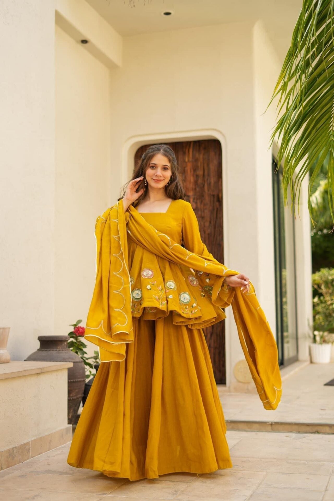 Mustard Yellow Soft Chinon Anarkali Palazzo Set with Gota Work Dupatta 1 Mustard Yellow Soft Chinon Anarkali Palazzo Set with Gota Work Dupatta