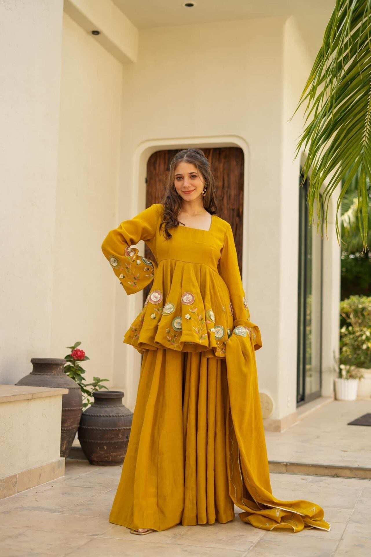 Mustard Yellow Soft Chinon Anarkali Palazzo Set with Gota Work Dupatta 3 Mustard Yellow Soft Chinon Anarkali Palazzo Set with Gota Work Dupatta