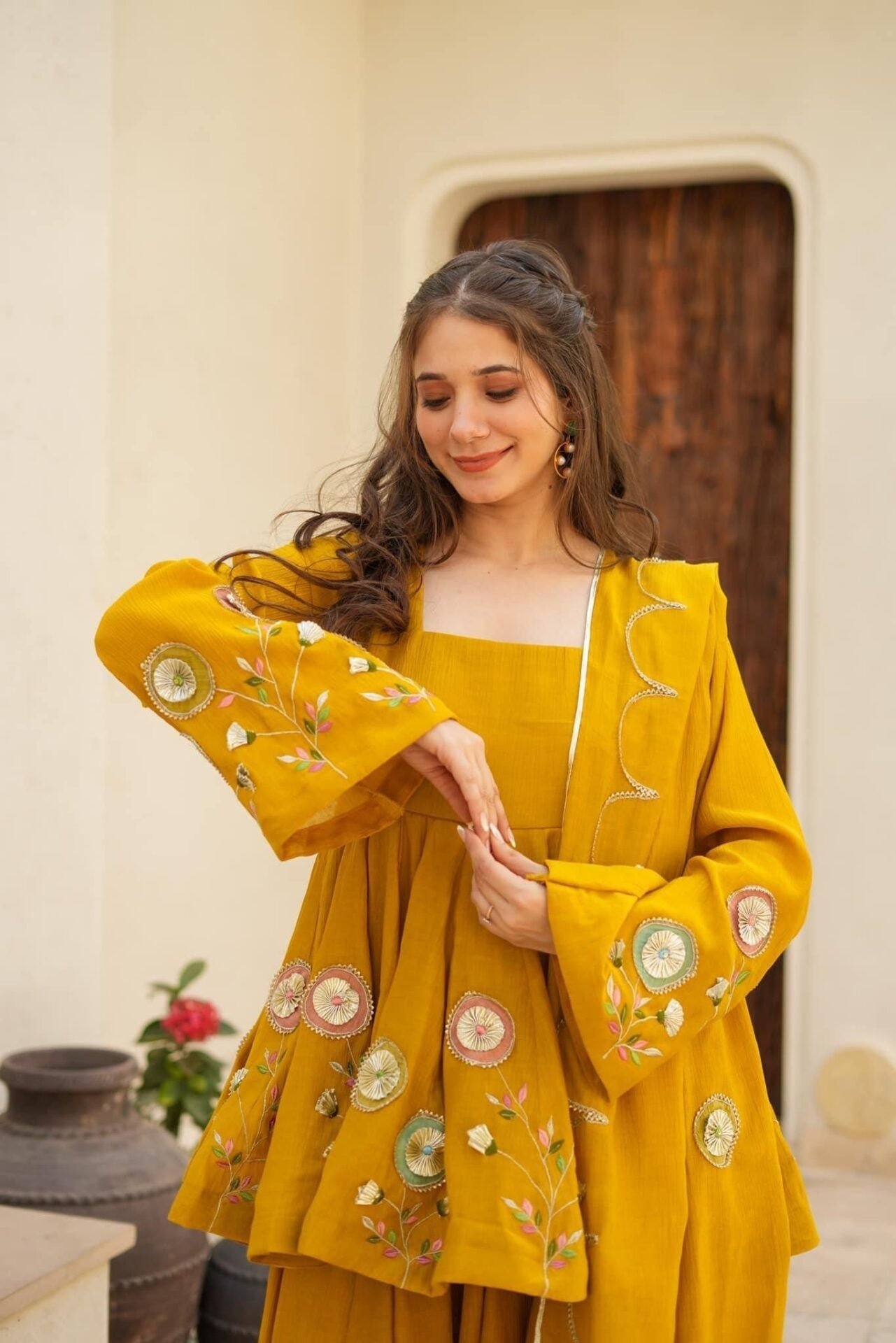 Mustard Yellow Soft Chinon Anarkali Palazzo Set with Gota Work Dupatta 5 Mustard Yellow Soft Chinon Anarkali Palazzo Set with Gota Work Dupatta