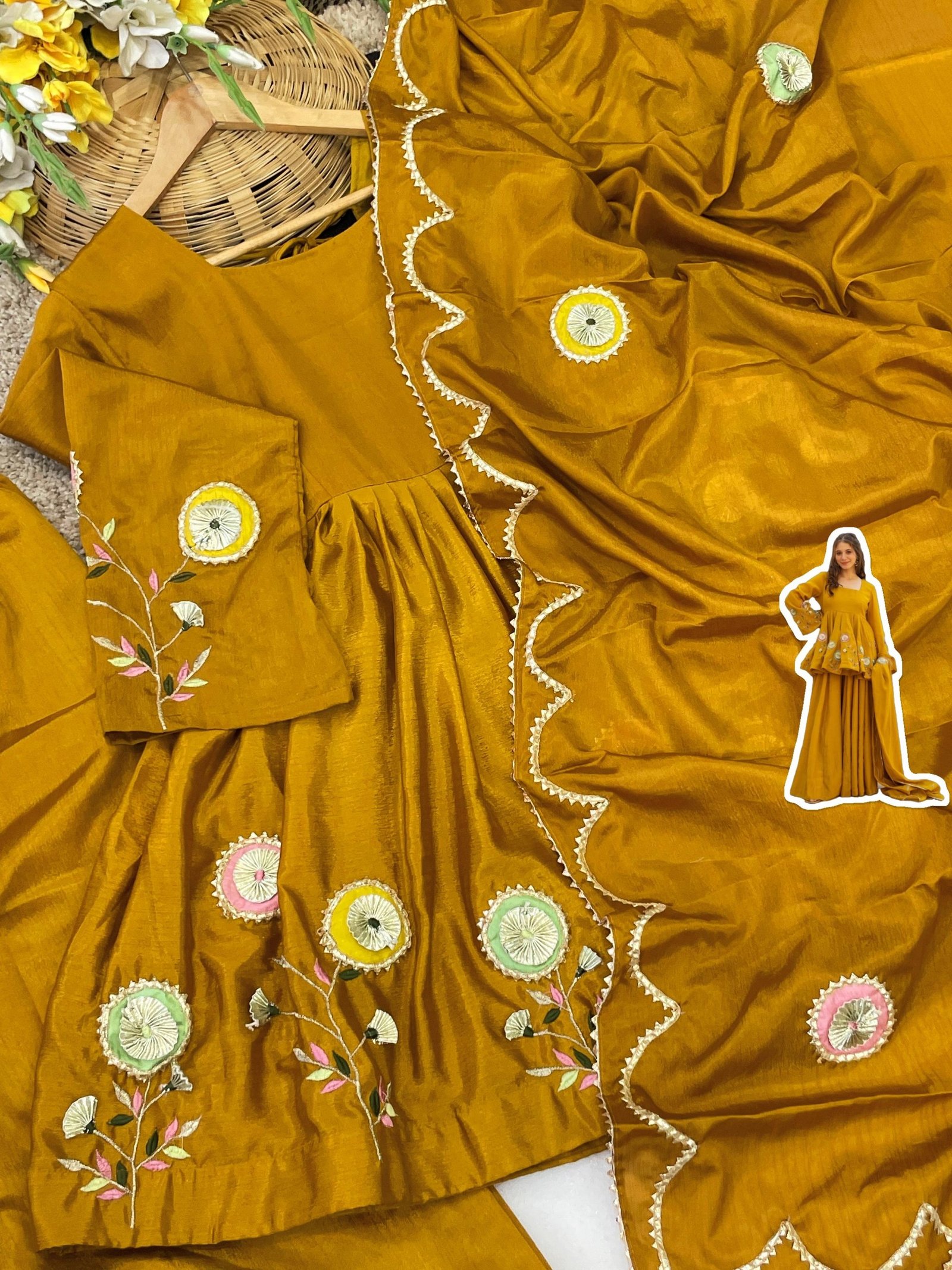 Mustard Yellow Soft Chinon Anarkali Palazzo Set with Gota Work Dupatta 7 Mustard Yellow Soft Chinon Anarkali Palazzo Set with Gota Work Dupatta