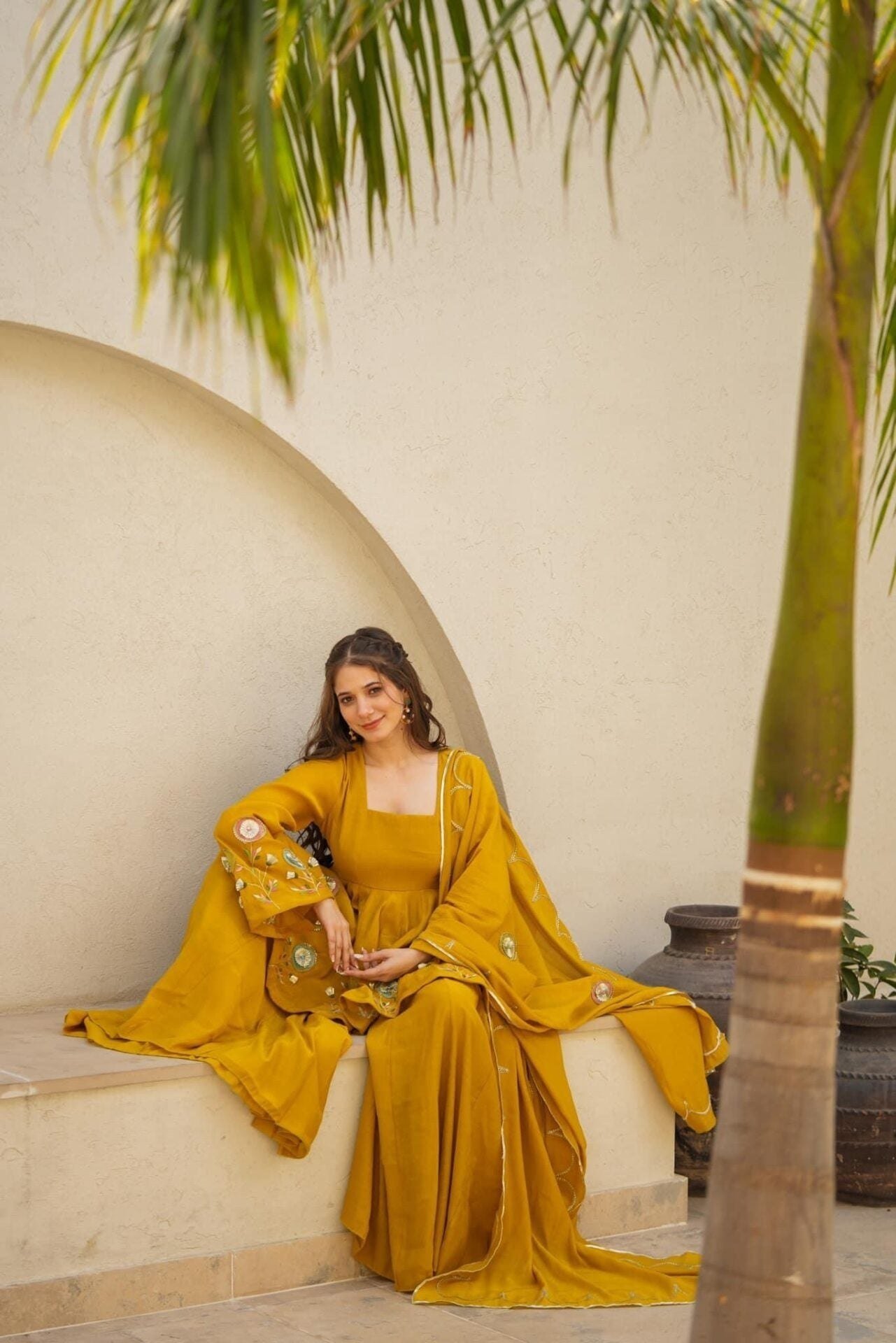 Mustard Yellow Soft Chinon Anarkali Palazzo Set with Gota Work Dupatta 6 Mustard Yellow Soft Chinon Anarkali Palazzo Set with Gota Work Dupatta