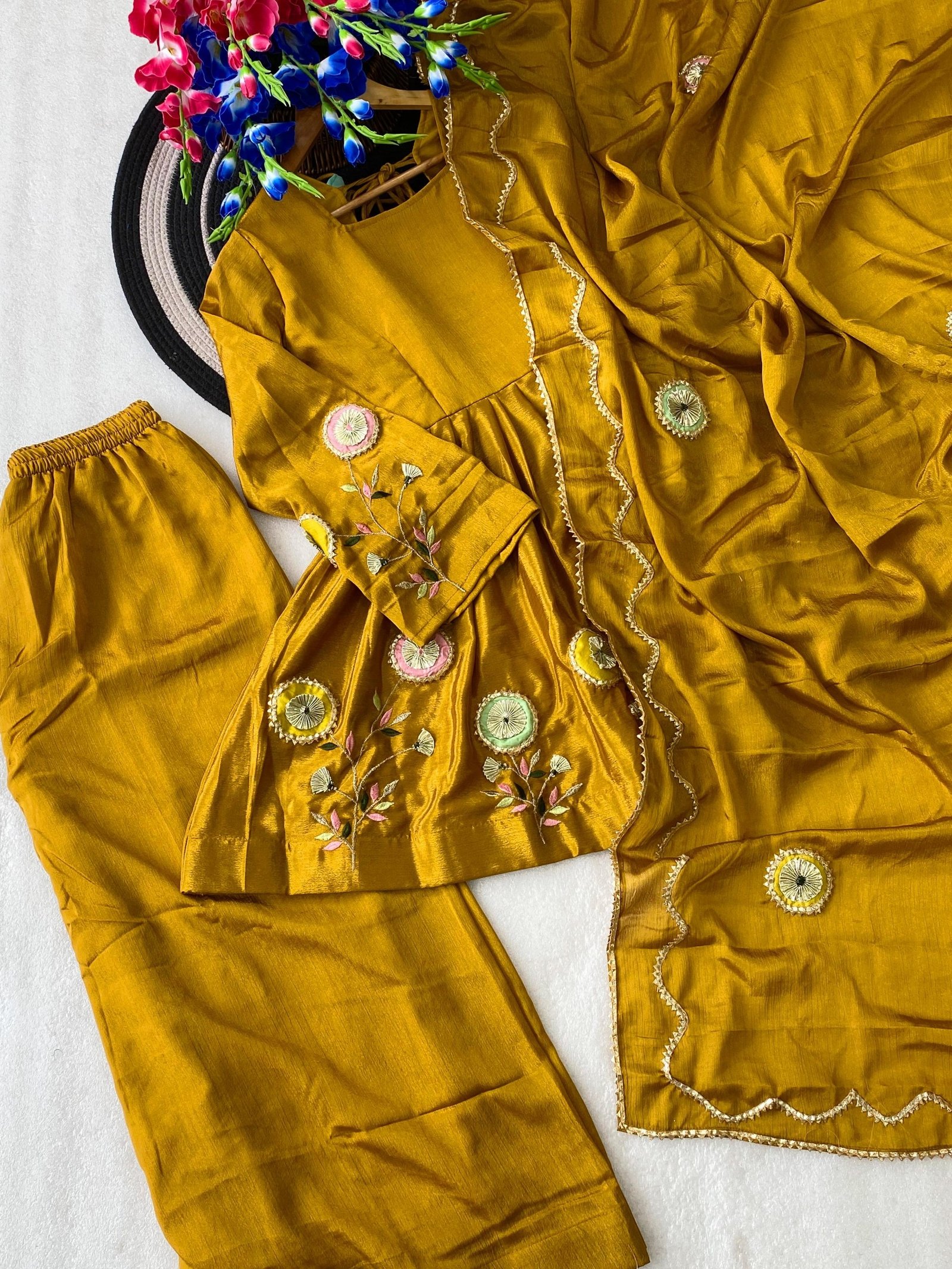 Mustard Yellow Soft Chinon Anarkali Palazzo Set with Gota Work Dupatta 8 Mustard Yellow Soft Chinon Anarkali Palazzo Set with Gota Work Dupatta