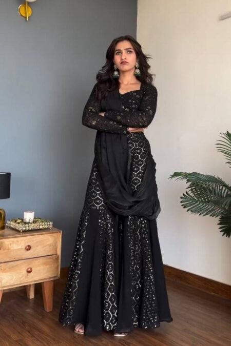 Black Faux Georgette Choli Sharara Set with Sequin Work & Dupatta