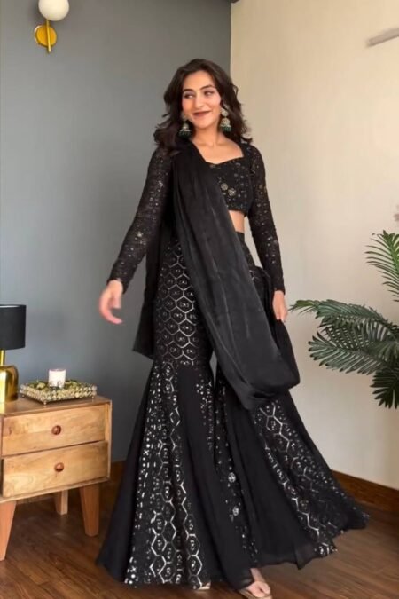 Black Faux Georgette Choli Sharara Set with Sequin Work & Dupatta
