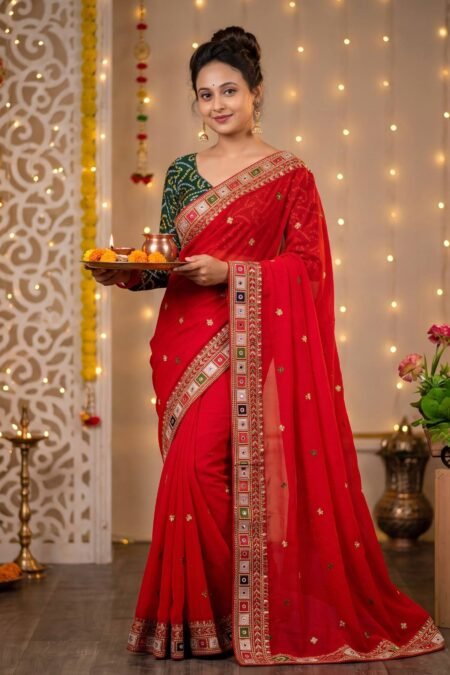 Red Soft Silk Art Silk Jacquard Border Saree with Rich Pallu & Running Blouse Specal for karva chauth