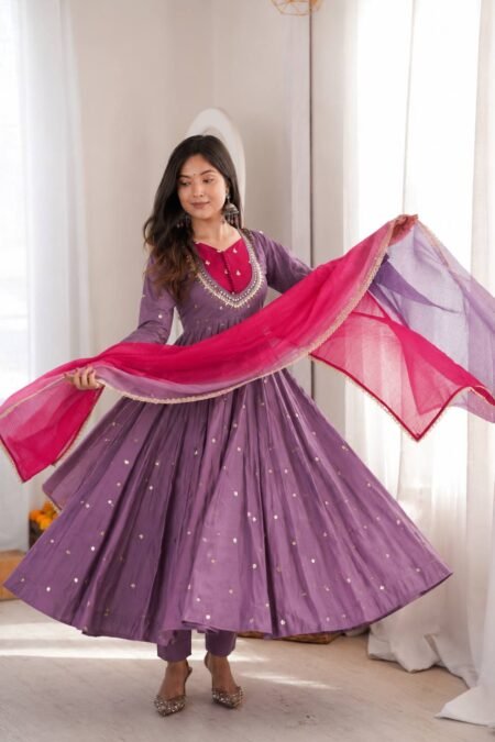 Designer Roman Silk Anarkali Gown Set with Real Mirror & Sequin Embroidery – 3 Piece Ethnic Set