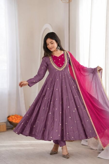 Designer Roman Silk Anarkali Gown Set with Real Mirror & Sequin Embroidery – 3 Piece Ethnic Set