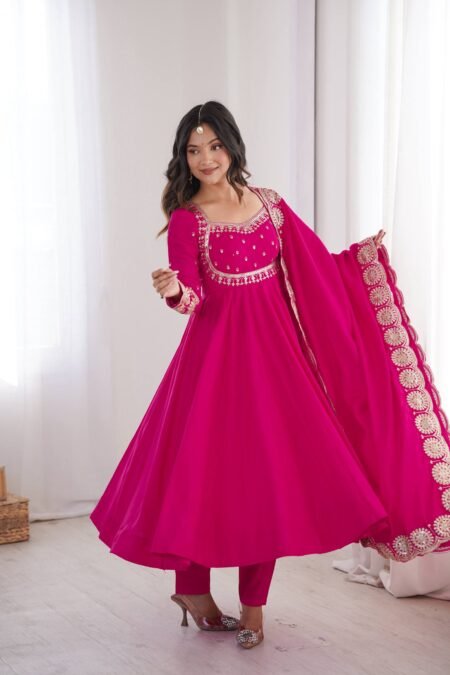 Elegant Embroidered Sequin Roman Silk Anarkali Gown Set with Chanderi Dupatta