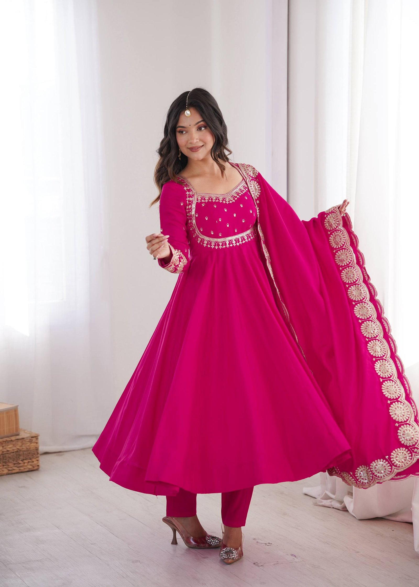 Elegant Embroidered Sequin Roman Silk Anarkali Gown Set with Chanderi Dupatta 1 Elegant Embroidered Sequin Roman Silk Anarkali Gown Set with Chanderi Dupatta