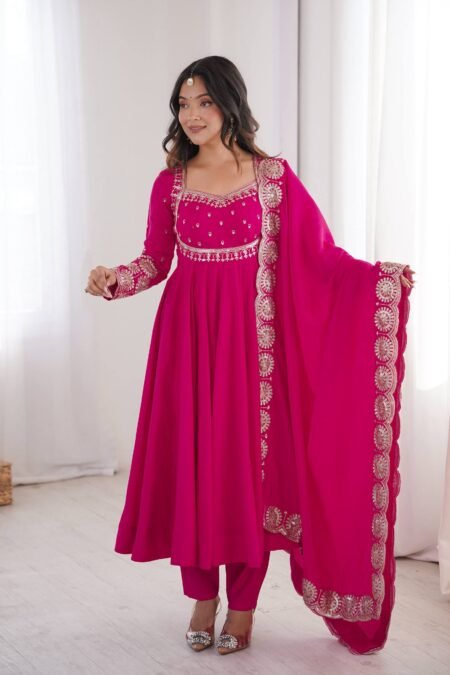 Elegant Embroidered Sequin Roman Silk Anarkali Gown Set with Chanderi Dupatta