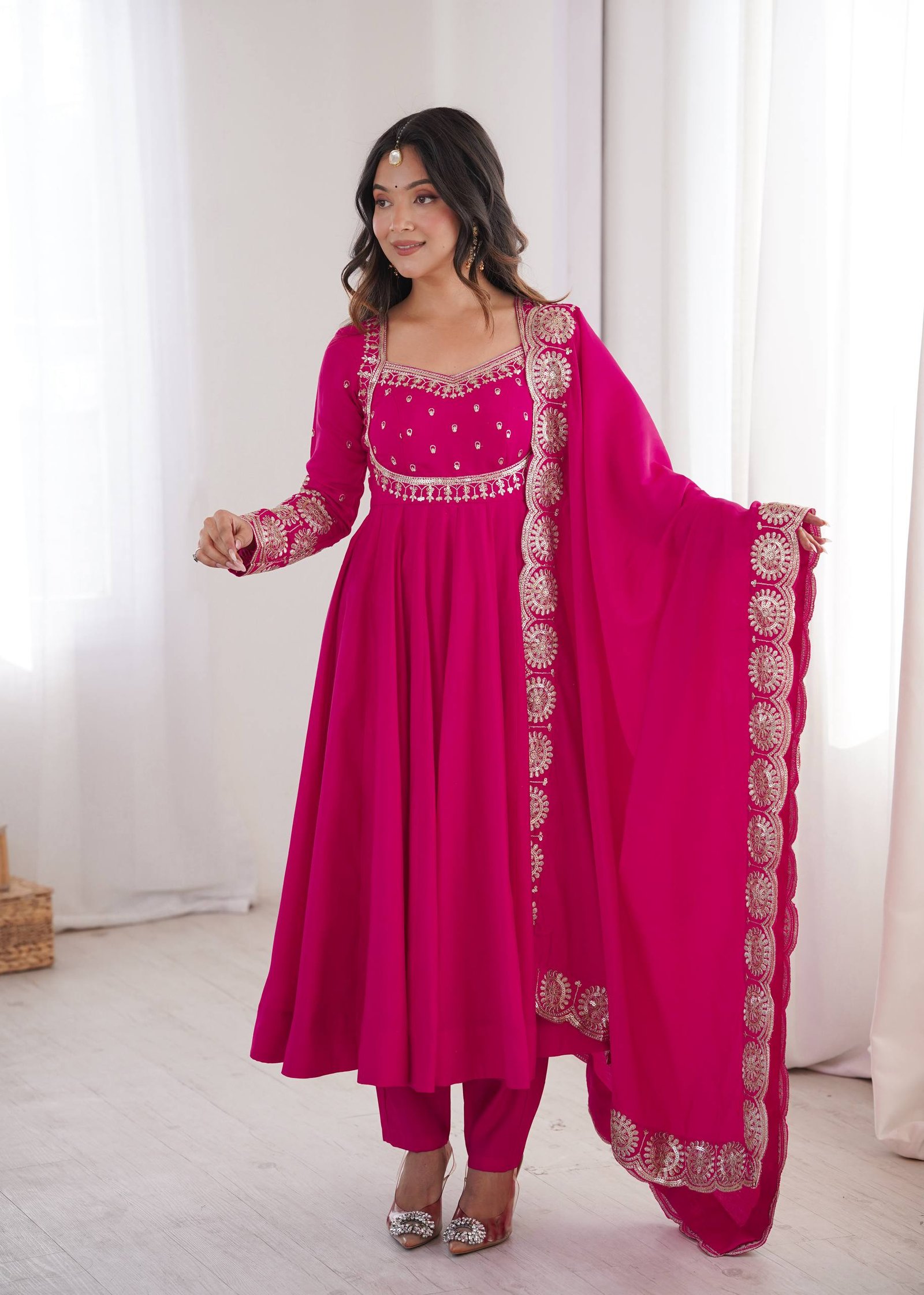 Elegant Embroidered Sequin Roman Silk Anarkali Gown Set with Chanderi Dupatta 2 Elegant Embroidered Sequin Roman Silk Anarkali Gown Set with Chanderi Dupatta