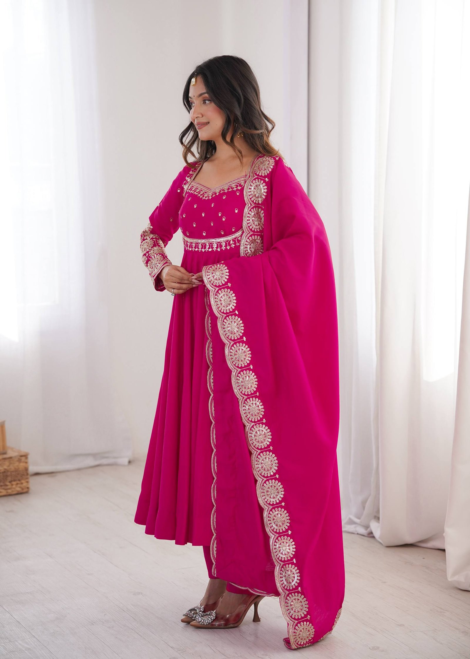 Elegant Embroidered Sequin Roman Silk Anarkali Gown Set with Chanderi Dupatta 3 Elegant Embroidered Sequin Roman Silk Anarkali Gown Set with Chanderi Dupatta