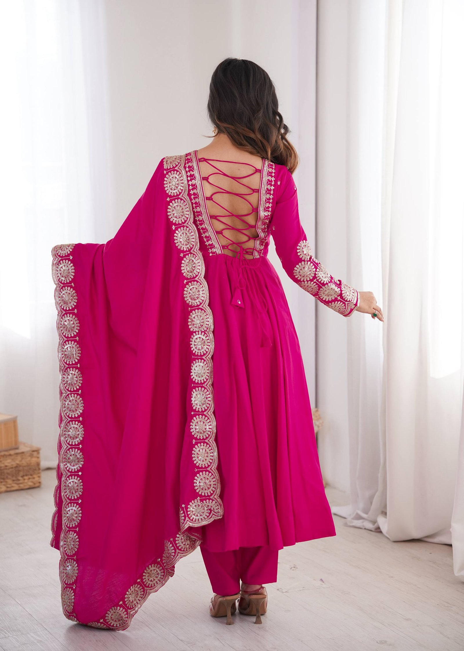 Elegant Embroidered Sequin Roman Silk Anarkali Gown Set with Chanderi Dupatta 5 Elegant Embroidered Sequin Roman Silk Anarkali Gown Set with Chanderi Dupatta