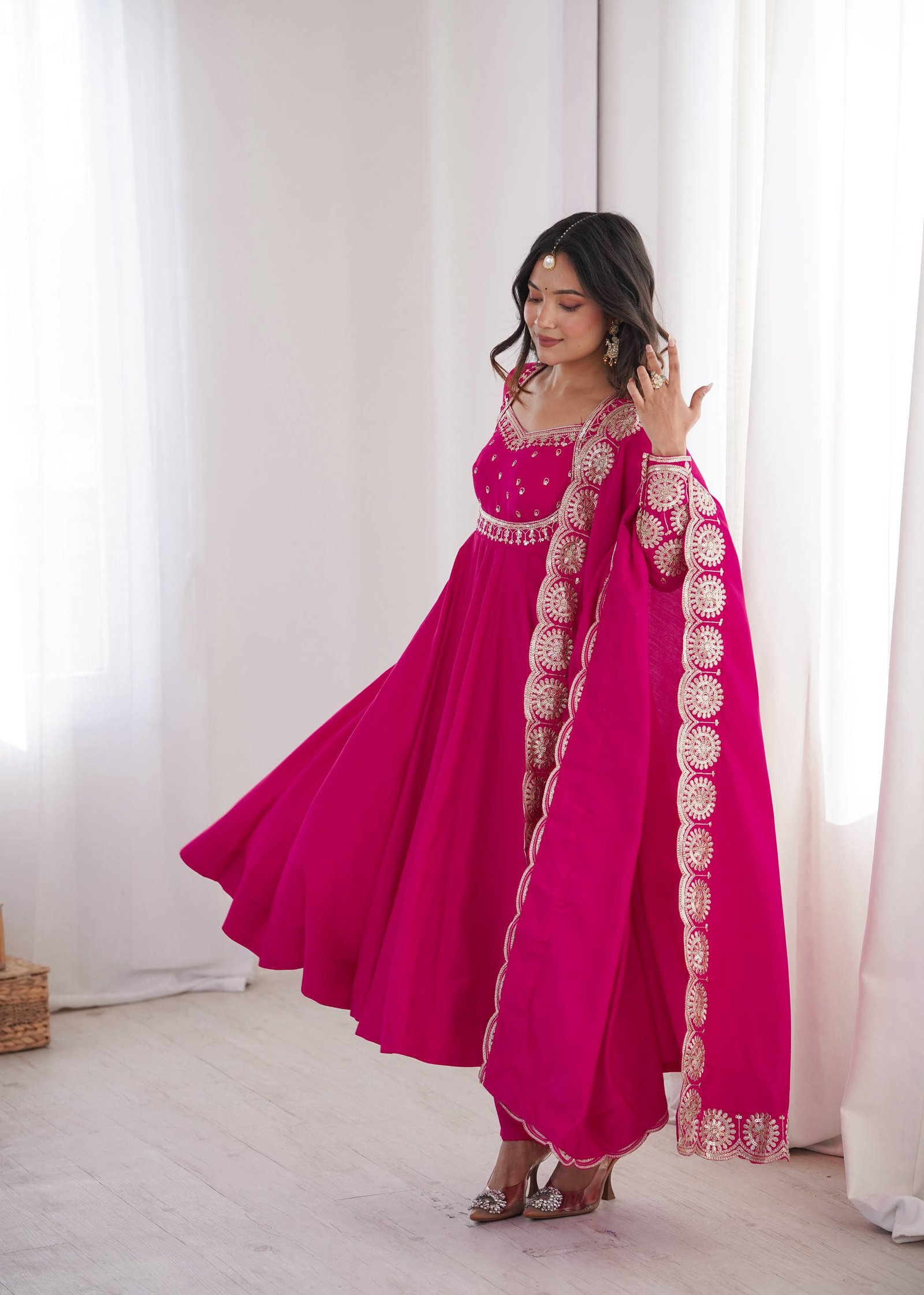 Elegant Embroidered Sequin Roman Silk Anarkali Gown Set with Chanderi Dupatta 4 Elegant Embroidered Sequin Roman Silk Anarkali Gown Set with Chanderi Dupatta