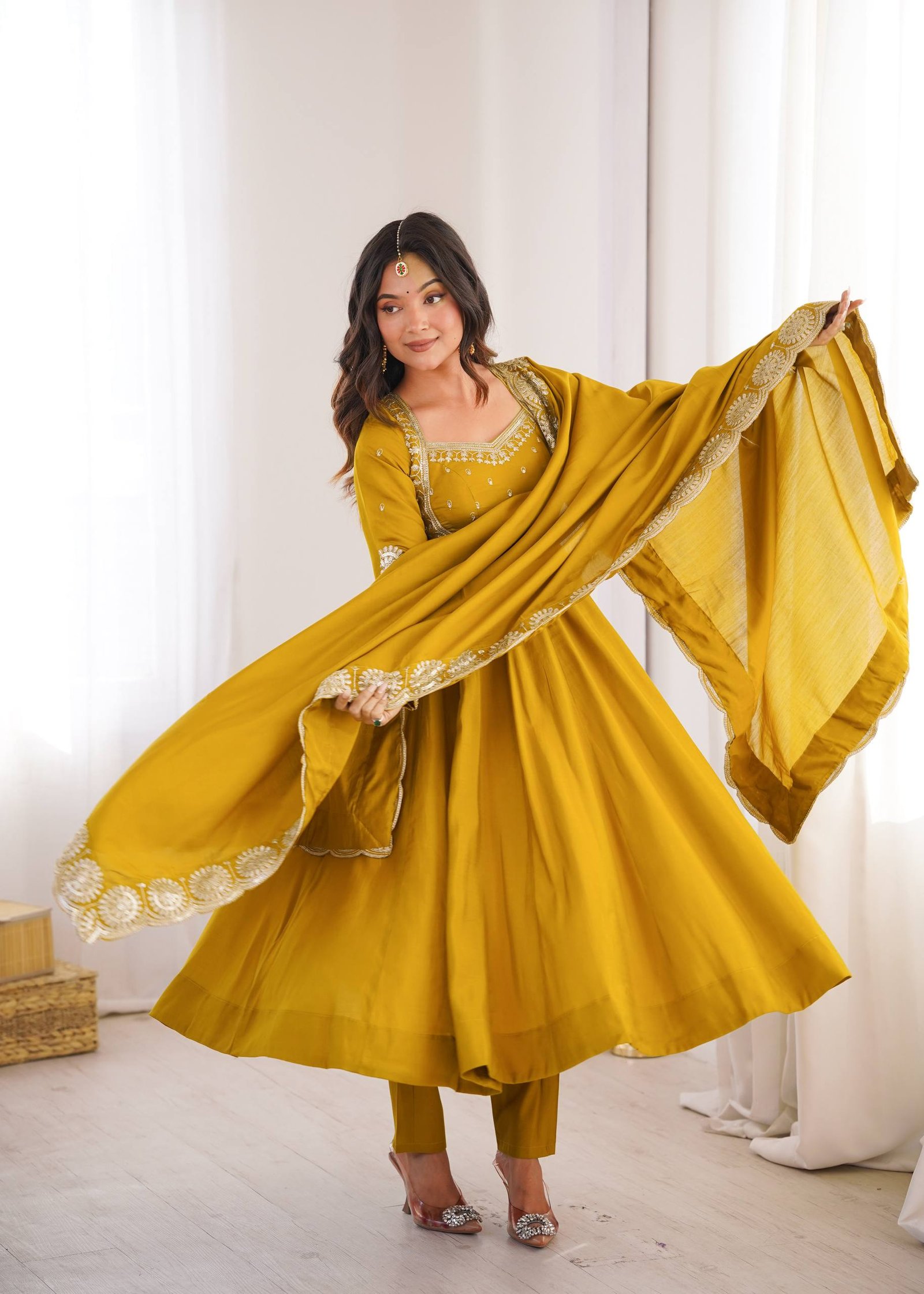 Elegant Embroidered Sequin Roman Silk Anarkali Gown Set with Chanderi Dupatta 6 Elegant Embroidered Sequin Roman Silk Anarkali Gown Set with Chanderi Dupatta