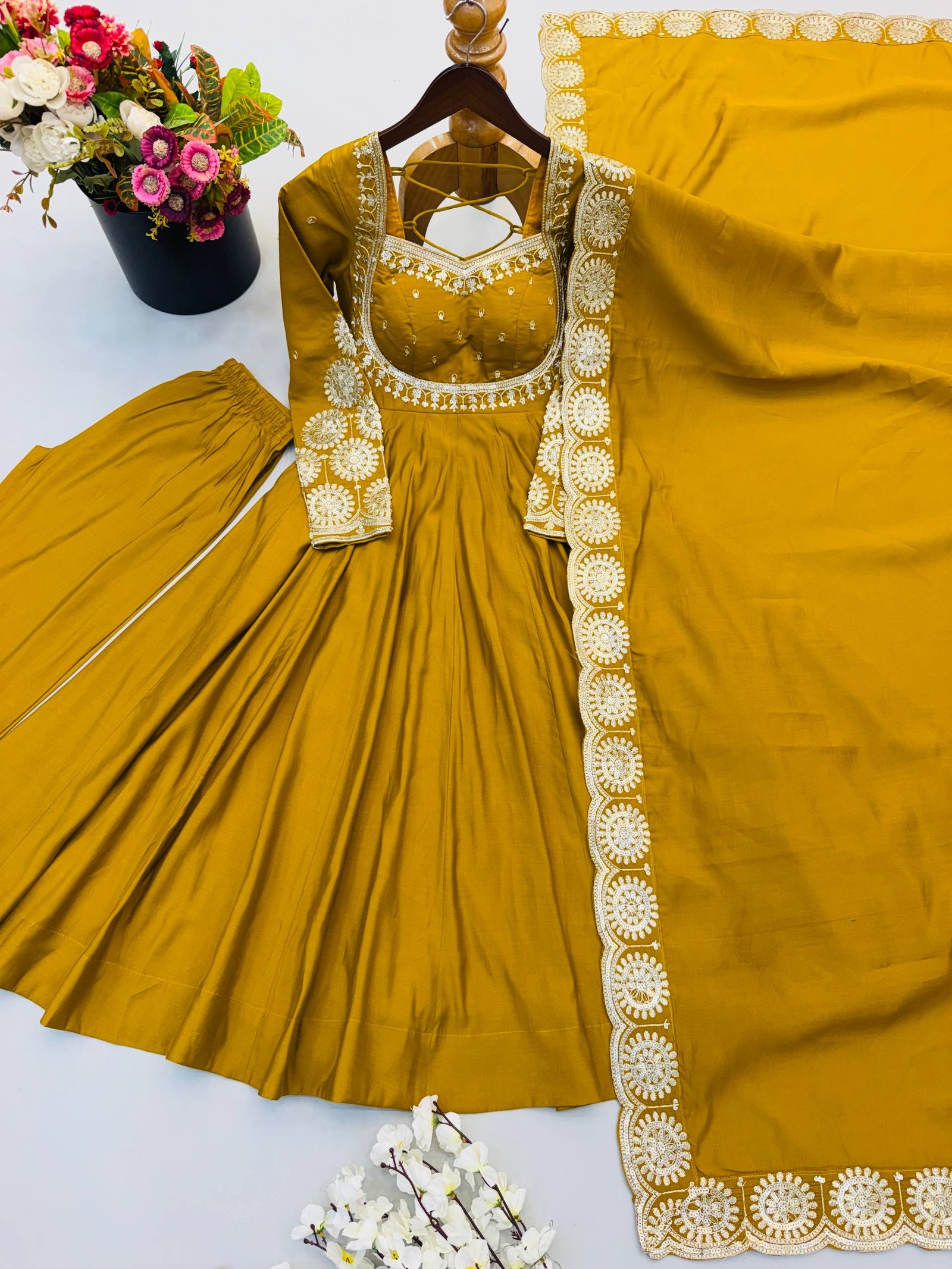 Elegant Embroidered Sequin Roman Silk Anarkali Gown Set with Chanderi Dupatta 7 Elegant Embroidered Sequin Roman Silk Anarkali Gown Set with Chanderi Dupatta